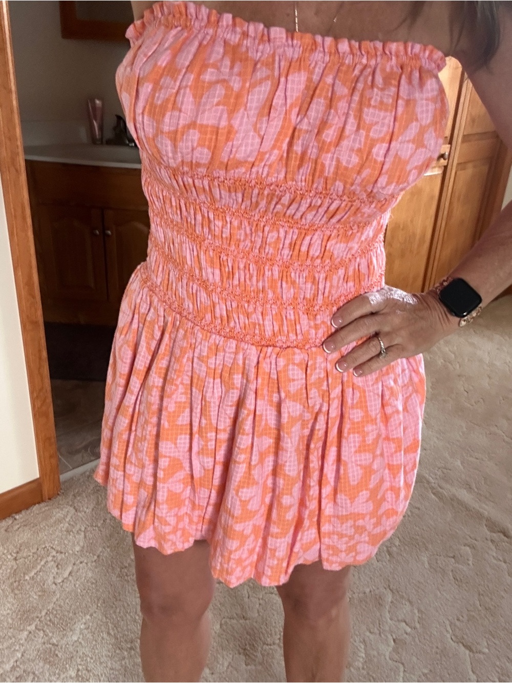 Free People Pink and Orange Smocked Strapless Mini Dress NWT - Picture 2 of 11